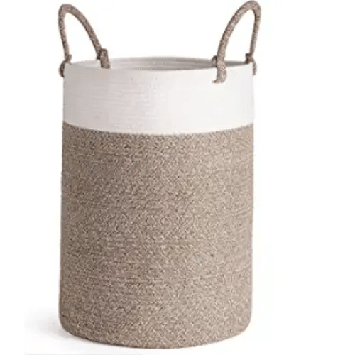 INDRESSME Tall Laundry Basket with Handles, Jute Clothes Hamper, Woven Laundry Basket for Pillows, Blankets, Toys, Decorative Basket for Bedroom, Bathroom and Living room, 19.7 x 13.8 inches - White & Brown - Slim (14"x20")