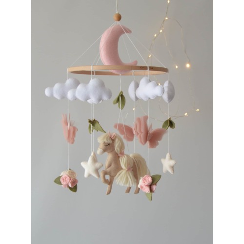 Horse baby mobile girl. Butterflies baby mobile. Baby shower gift. Flowers baby mobile.