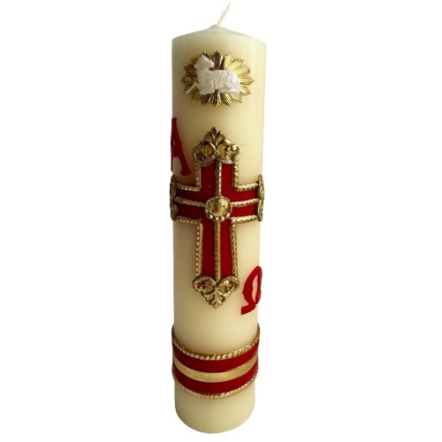 Easter Lent Paschal Candle 8"x2" Wax Alpha Omega Red Cross Sheep