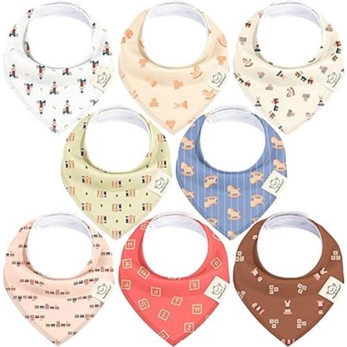 8-Pack Organic Baby Bandana Bibs - Super Absorbent Triangle Baby Bibs for Drooling and Teething Infant, 100% Cotton Extra Soft for Newborn, Infant 0-36 Months (Toy Land)