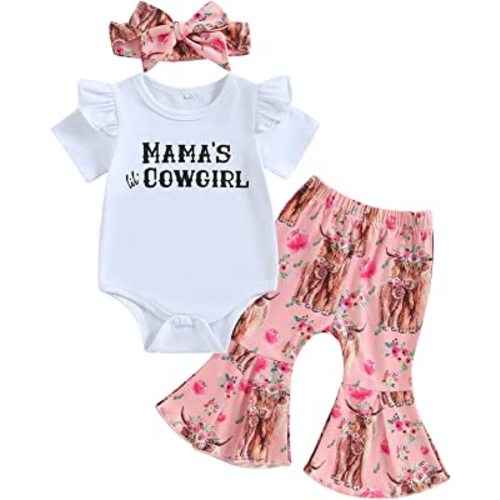 Lamuusaa Western Baby Girl Clothes Short Sleeve Romper Cow Print Flared Pants Bell Bottoms Headband 3Pcs Summer Outfit