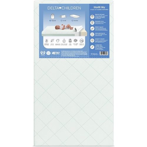 Delta Children Starlit Sky 2-Stage Crib and Toddler Mattress – GREENGUARD Gold Certified, CertiPUR-US Certified Foam, Breathable Machine Washable Cover, Waterproof Barrier, Made in USA, Green