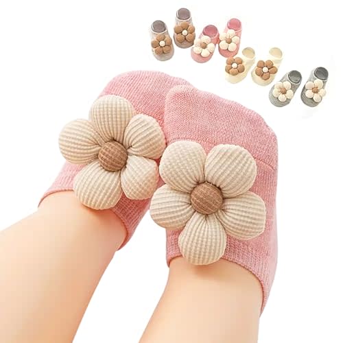 KEAINVRN 4Packs Baby Girls Socks,Flower Non-Slip Grips for Babies Toddler Princess Low Cut Ankle Socks for Girls