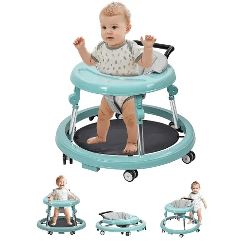 Baby Walker with Wheels: Adjustable Height & Foldable Design, Mute Wheels & Anti-Rollover Feature, Includes Footrest, Perfect for Boys & Girls 6-18 Months