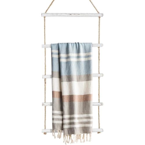 Towel Rack for Bathroom- 3.3-Foot Wall Hanging Whitewashed Wood & Rope Blanket Ladder with 5 Rungs for Farmhouse Room Decor (Whitewashed)