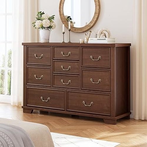 Farmhouse Dressers for Bedroom with 9 Drawers and Antique Handles and Smooth Rail, 51.97" Long Dresser TV Stand for Sitting Room, Entryway, Antique Brown