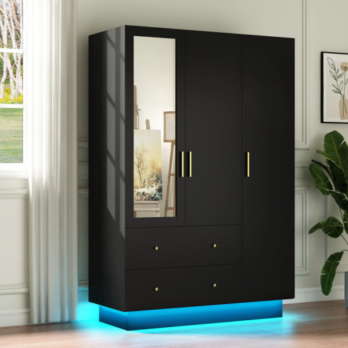 Fushimuma 3 doors Armoire Wardrobe With 2 Drawers and Shelves and led lights & Reviews | Wayfair