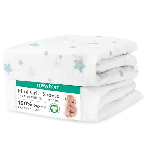 Newton Baby Mini Crib Fitted Sheets (2-Pack) | Organic Muslin Cotton, Breathable & Soft Baby Sheets, Washable Baby Mattress Sheets, Fits Any Mini Sized Crib 24" x 38", Moonstone Mist Stardust + White