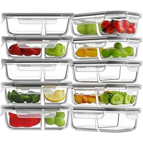 HOMBERKING 10 Pack Glass Meal Prep Containers 2 Compartment, Glass Food Storage Containers with Lids, Airtight Glass Lunch Bento Boxes, BPA-Free & Leak Proof (10 lids & 10 Containers) - Grey