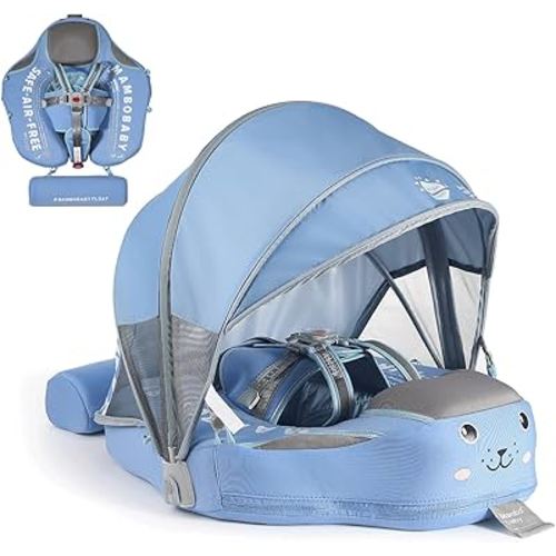 2025 New Mambobaby Floats for Pool with Canopy, Non-Inflatable Baby Swim Float, Infant Swim Trainer Ring Toddler Pool Float, Baby Swimming Ring with Adjustable Strap for 3-24 Months Infant