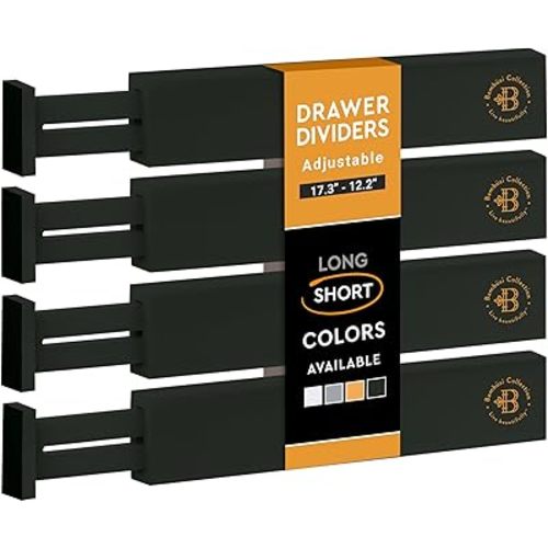 Bambüsi 4 Pack Drawer Divider - Bamboo 2.6" High, 12.5-17" Adjustable Drawer Organizers for Clothes, Expandable Dresser Separators in Bedroom/Bathroom/Kitchen/Office Organization and Storage (Black)