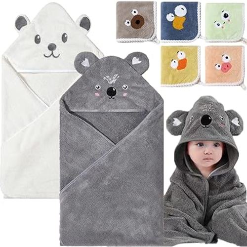 2 Pack Baby Towels with Hood and 5 Baby Washcloths, for Newborn Unisex, 31.5x31.5 in Ultra Absorbent and Soft Cotton Hooded Bath Towel Set Gift for Babies, Infant, Newborn Essential