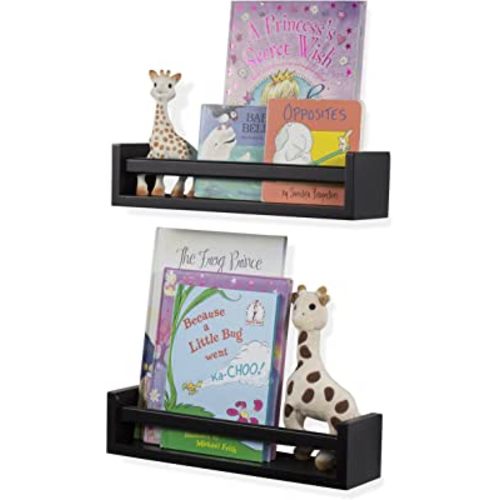 Wallniture Utah Nursery Book Shelves - Set of 2 Floating Bookshelf for Kids Room - Multi-use Kitchen Spice Rack and Bathroom Organizer, Wood Black