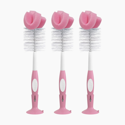 Dr. Brown's Reusable Sponge Baby Bottle Cleaning Brush Set with Suction Cup Stand, Scrubber and Nipple Cleaner, 3 Pack - Pink