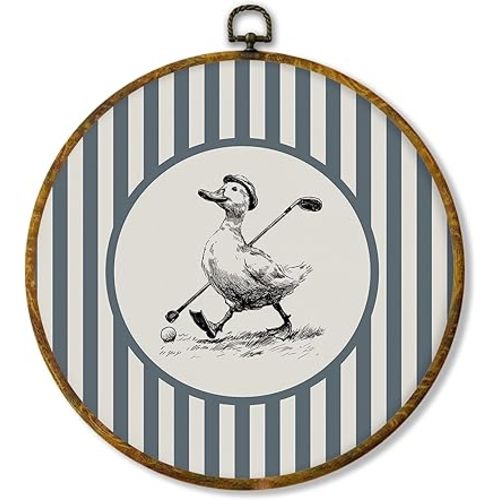 Hiuwevt Vintage Golf Duck Nursery Round Wall Art Decor, Golf Duck Framed Canvas Prints, Blue Striped Sports Round Wall Hanging Decor for Kids Boy Nursery Room Bedroom Decorations, 10x10 Inches
