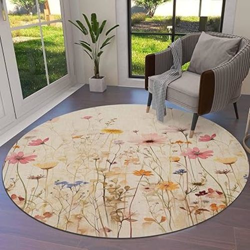 Botanical Wildflower Round Area Rug 3.3ft,Washable Carpet Runner Rug for Bedroom,Kitchen,Bathroom,Living/Dining/Laundry Room,Office,Area+Rug Small Bath Door Floor Mat Retro Colored Spring Floral Herb