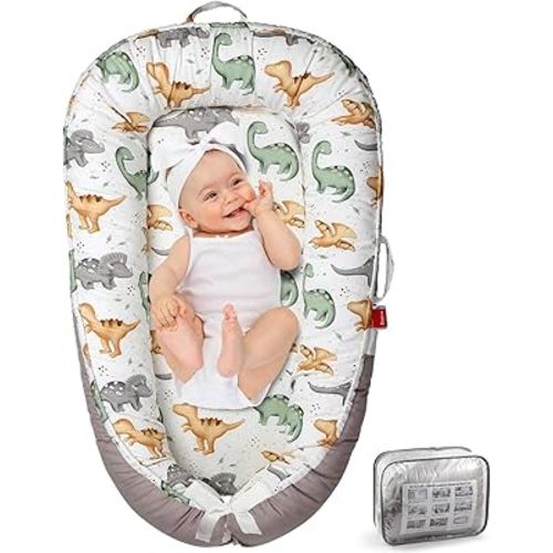 Baby Lounger - Baby Lounger for Newborn 0-24 Months, Co Sleeping Breathable & Soft Baby Nest, Portable and Lightweight Infant Lounger Newborn Babies Essentials Gifts, Grey Dinosaur