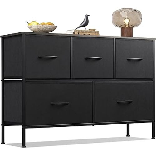 WLIVE Dresser for Bedroom with 5 Drawers, Long Fabric Dresser, Chest of Drawers, Storage Drawer Unit with Fabric Bins for Closet, Living Room, Hallway, Charcoal Black, Size L