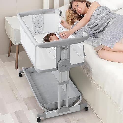 Cowiewie Bassinet Bedside Sleeper, Baby Bassinet with 4 Wheels & Adjustable Height, 360 All-Round Breathable Bedside Bassinet 2025 New