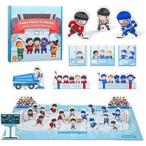 Ice Hockey Blocks Toy Playset, Wooden Hockey Action Figures with Assembly Hockey Rink , Hockey Learning Toys, Mini Hockey Games, Hockey Player Figurines, Gift for Baby Toddlers Kids Children