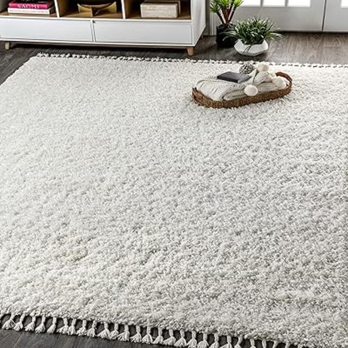 JONATHAN Y MCR100A-5 Mercer Shag Plush Tassel Indoor Area-Rug Bohemian Modern Contemporary Solid Easy-Cleaning Bedroom Kitchen Living Room, 5 X 8, White with Tassel