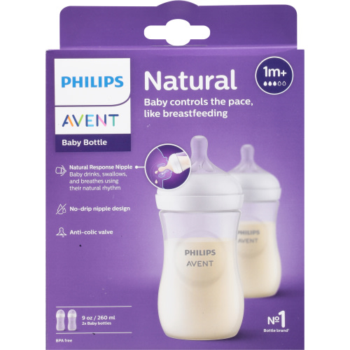 Philips Avent Natural Baby Bottle with Natural Response Nipple, Clear, 9oz, 2pk