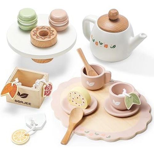 Dorjee Wooden Tea Set for Little Girls, Wooden Toys Toddler Tea Set Play Kitchen Accessories for Kids Tea Party with Play Food for Kid Age 3+ Gift