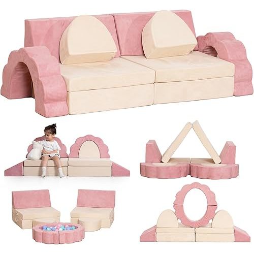 Kids Play Couch, 10-Piece Modular Sofa Set with Flower Shape for Toddlers | Convertible Sofa Washable Cover, Foldable Design for Forts & Creative Playroom Activities