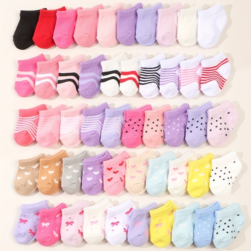 12 Pairs Baby Girl Short Socks - Spring Summer Random Color Heart & Polka Dot Stripes, Breathable Soft Polyester, Assorted Patterns (Hearts, Stars, Stripes) for Everyday Play & Photo Shoots, Baby Girl Socks, Photo Shoot Accessories, Playful Sock P
