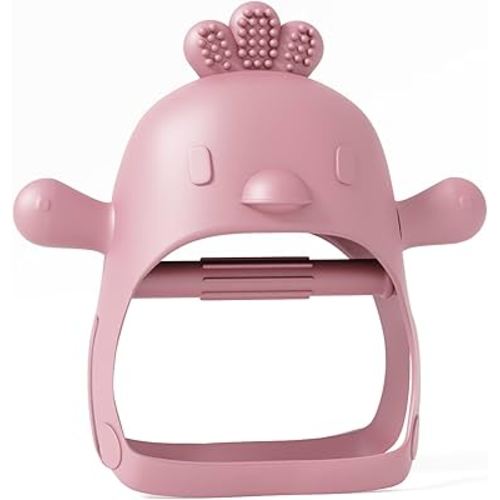 Teether Toy Teether with Handle Never Drop Newborn Toys Wrist Wearable Baby Teether - Little Chick in Pink Pacifier by Muqee Peeko's Baby Teething Pacifiers