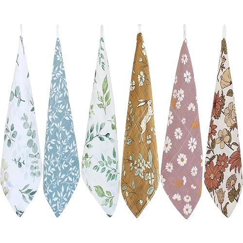LifeTree Baby Muslin Washcloths, Soft 6 Pack Baby Wash Cloths Unisex for Boys Girls, 70% Viscose from Bamboo and 30% Cotton Bath Face Towels, Bibs for Newborn with Sensitive Skin, 10.2x10.2 inches