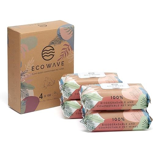 Eco Wave Hypoallergenic Plant-Based Pet Wipes, Dog and Cat Grooming Wipes for Face, Ears, Body, Butt, and Paws, Fragrance Free, Compostable, 400 Count