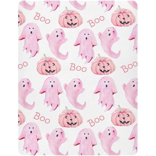 Halloween Ghosts Pink Crib Sheets Soft Breathable Fitted Baby Playard Sheets Mattress Cover for Girl Boys, 39" x 27" x 5"