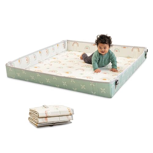 Infantino Foldable Soft Foam Mat, Extra Large Double-Sided Cushioned Portable Play Mat with Fold-Up Sides, Non Slip Crawling & Playing for Infants and Toddlers, Rainbows