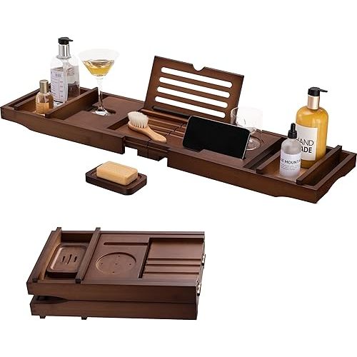HBlife Bathtub Caddy Tray Foldable Bamboo Bath Table Tray with Book and Wine Glass Holder, Expandable Bathroom Accessories