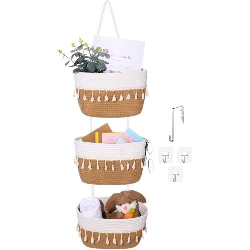 Over The Door Hanging Basket Boho Woven Wall Hanging Baskets 3-Tier Cotton Wall Mounted Storage Organizer Bag Macrame Decorative Hanging Baskets for Kitchen Laundry Room Stairs(White, Jute)