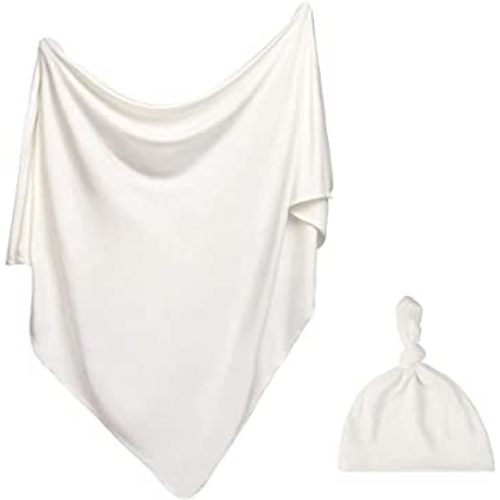 iEvolve Cotton Knitted Baby Swaddle Blanket with Hat Headband Set Newborn Swaddle Wrap Receiving Blankets for Baby Girl Boy 35" x 35"(White)