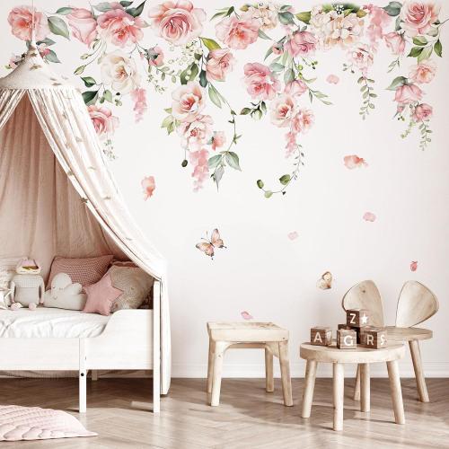 Spring Large Pink Flower Wall Decals Hanging Vine Floral Wall Stickers Baby Nursery Girls Bedroom Living Room Wall Decor
