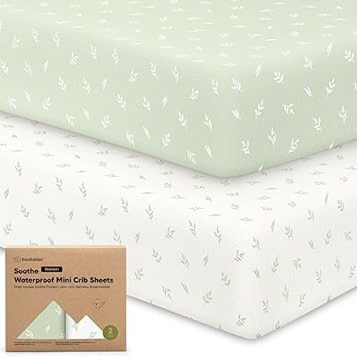 2 Pack and Play Sheets, Waterproof Mini Crib Sheets Fitted - 38x26 Organic Cotton Pack N Play Sheets for Graco Pack and Play Mattress, Playard Baby Crib Sheets, Neutral for Boy, Girl, Toddler (Herb)