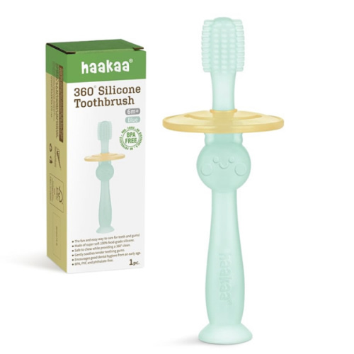 haakaa 360° Baby Toothbrush with Suction Base - Gentle Cleaning for Toddler's Self-Brushing Training, Food-Grade Silicone, Adjustable Safety Shield - Blue (1 Piece)