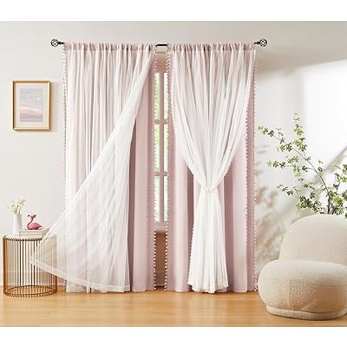 Pink Blackout Curtains with Sheer Overlay for Bedroom, Mix & Match Double Layer Pom Pom Curtains for Girl Nursery, Living Room, Rod Pocket Thermal Insulated Window Panels with Tiebacks 52W X 84L, 2pcs