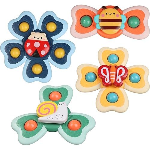 JoySprout Spinner Toys for Babies, 4pcs Baby Spinners with Suction Cups for Interactive Stimulation and Sensory Development, Window Spinners for Toddlers 1-3 for High Chair Toys and Bath Time