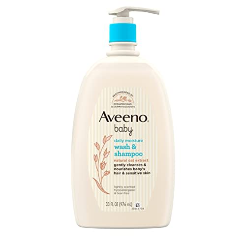 Aveeno Baby Daily Moisture Gentle Bath Wash & Shampoo with Natural Oat Extract, Hypoallergenic, Tear-Free & Paraben-Free Formula For Sensitive Hair & Skin, Lightly Scented, 33 fl. oz