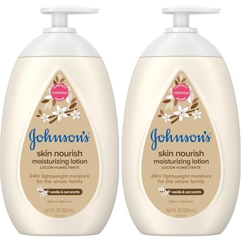 Johnson's Baby Skin Nourish Moisturizing Baby Lotion for Dry Skin with Vanilla & Oat Scents, Gentle & Lightweight Body Lotion for The Whole Family, Hypoallergenic, Dye-Free, 16.9 fl. oz (Pack of 2)