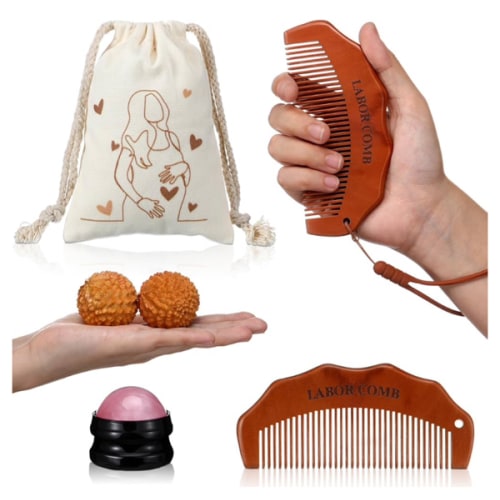Afarnook 5 Pcs Birthing Comb Gifts Set Includes Wooden Labor Comb Massage Roller Ball Acupressure Massage Ball Canvas Bag for Pregnant Women Labor Pain Relief Essentials New Mom Encouragement Gifts