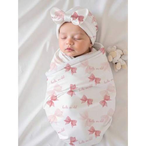 2Pcs Set Newborn Photography Swaddle Wrap Pink Bowknot Print Baby Girl Photo Props With Bow Turban Hat Newborn Blanket
