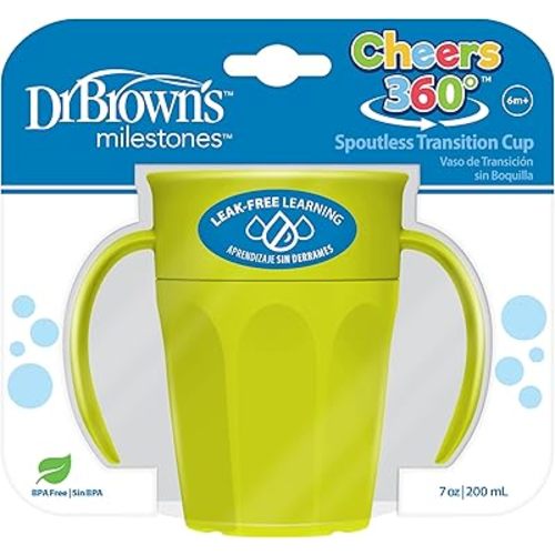 Dr Brown's Milestones Cheers 360 Cup Spoutless Transition Cup with Handles for Easy Grip & Leak-Free Learning, Green, 7oz/200mL, 6m+
