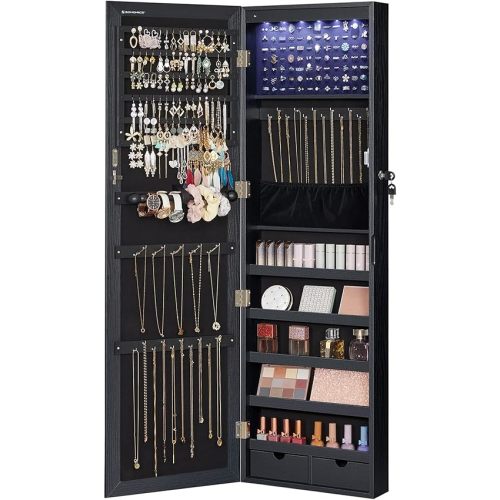 SONGMICS 6 LEDs Mirror Jewelry Cabinet, 47.2-Inch Tall Lockable Wall or Door Mounted Jewelry Armoire Organizer, Black UJJC093B01