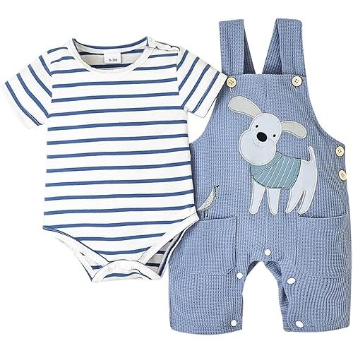Baby Boy Clothes Infant Summer Outfits Short Sleeve Striped Romper Cute Cartoon Dog Overall Pants Set 2pcs 0-18 Months