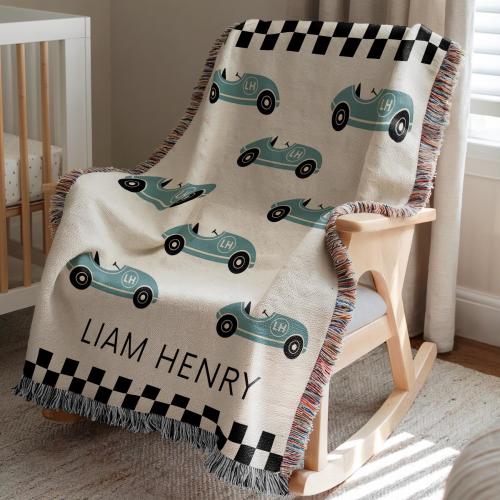 Personalized Vintage Race Car Blanket, Custom Baby or Kids Name, Baby Blanket Boy, Racing Car Nursery Throw, Woven Toddler Blanket for Boy